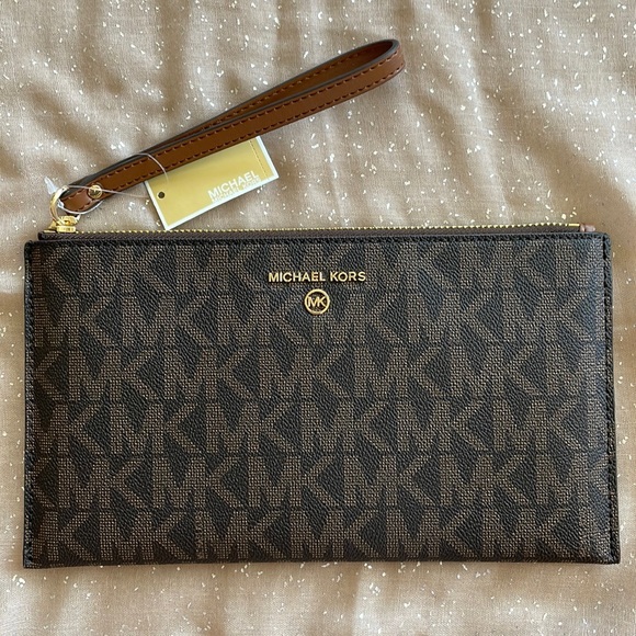 Michael Kors Handbags - Brand New Michael Kors Large Brown Clutch Zippered Wristlet w/ Gold Tone Accents